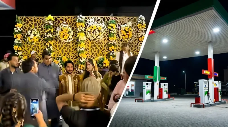A split image showing a traditional Pakistani wedding mehndi ceremony stage on the left and a brightly lit petrol pump in Lahore at night on the right.