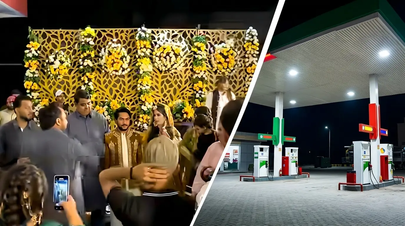 A split image showing a traditional Pakistani wedding mehndi ceremony stage on the left and a brightly lit petrol pump in Lahore at night on the right.
