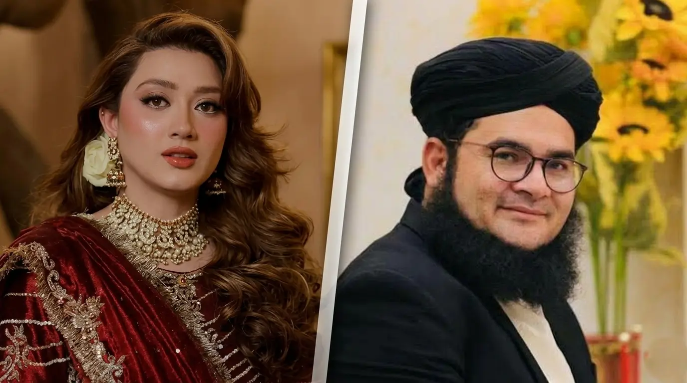 Actress Momina Iqbal and religious scholar Nasir Madni side by side in a split thumbnail for news update.