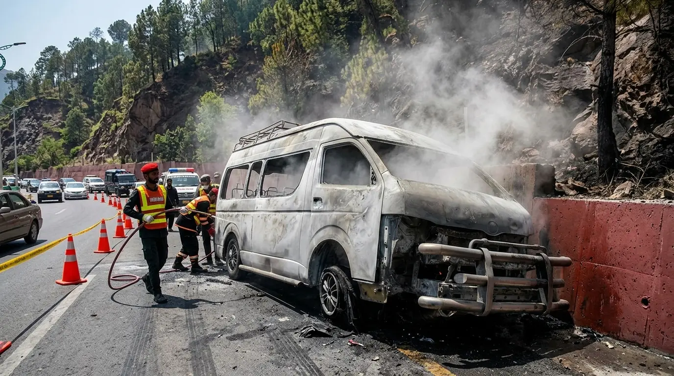 مری ایکسپریس وے پر حادثے کا شکار ہونے والی ہائی ایس وین کو ریسکیو اہلکار چیک کر رہے ہیں