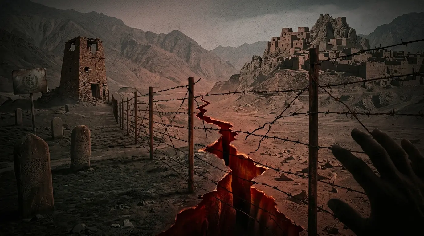پاک افغان سرحد پر باڑ، پہاڑی سلسلہ اور دراڑ جو دونوں ممالک کے درمیان بداعتمادی اور سیکیورٹی تناؤ کو ظاہر کرتی ہے۔