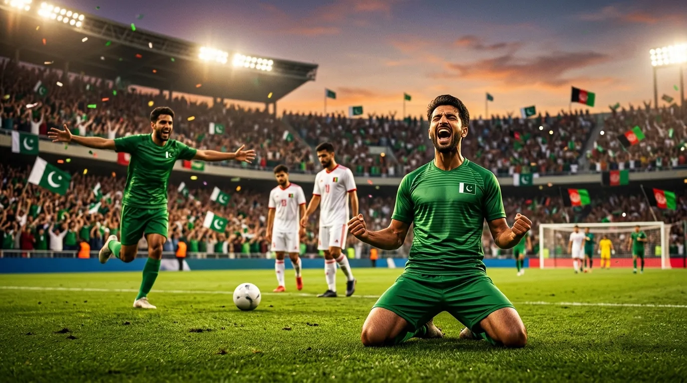 Pakistani football players celebrating victory against Afghanistan in Diamond Jubilee Cup semi final