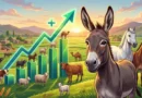 A vibrant illustration showing Pakistan's livestock growth with a donkey, horse, mule, cows, and goats standing in a lush green pasture with an upward-trending economic growth bar chart, representing the economic survey report.
