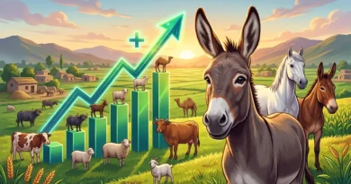 A vibrant illustration showing Pakistan's livestock growth with a donkey, horse, mule, cows, and goats standing in a lush green pasture with an upward-trending economic growth bar chart, representing the economic survey report.