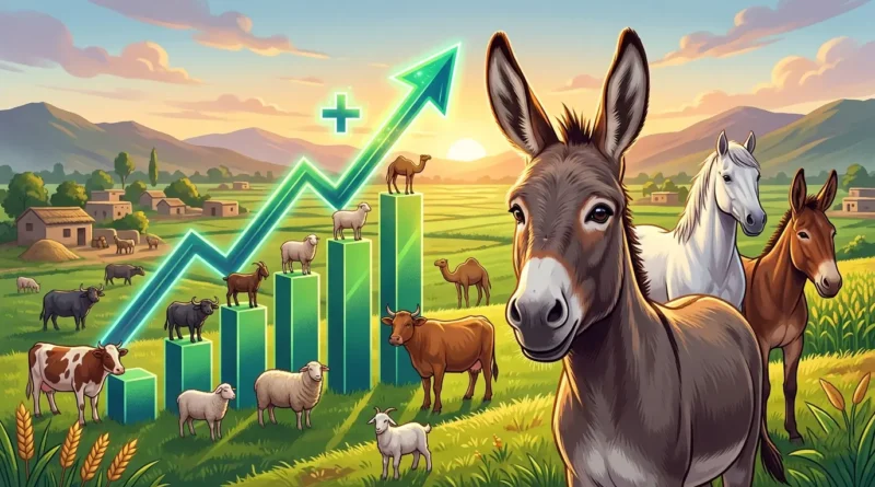 A vibrant illustration showing Pakistan's livestock growth with a donkey, horse, mule, cows, and goats standing in a lush green pasture with an upward-trending economic growth bar chart, representing the economic survey report.