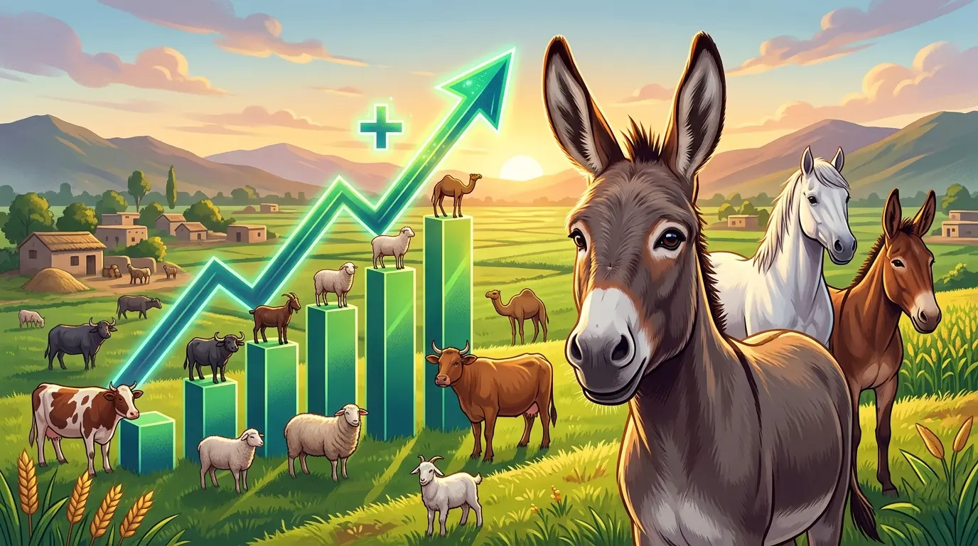A vibrant illustration showing Pakistan's livestock growth with a donkey, horse, mule, cows, and goats standing in a lush green pasture with an upward-trending economic growth bar chart, representing the economic survey report.