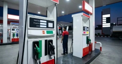 A modern petrol pump station in Pakistan with fuel dispensers and digital screens, blank background for news thumbnail.