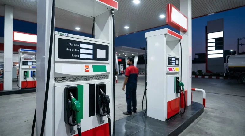 A modern petrol pump station in Pakistan with fuel dispensers and digital screens, blank background for news thumbnail.