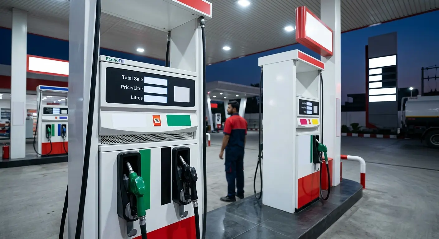 A modern petrol pump station in Pakistan with fuel dispensers and digital screens, blank background for news thumbnail.