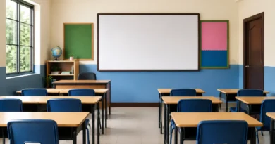 An empty classroom of a small private school in Pakistan with a blackboard, representing the educational crisis.