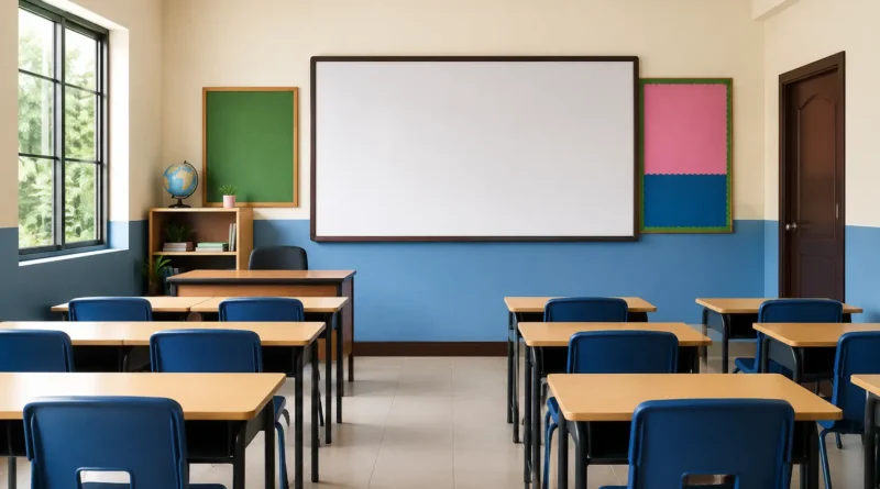 An empty classroom of a small private school in Pakistan with a blackboard, representing the educational crisis.