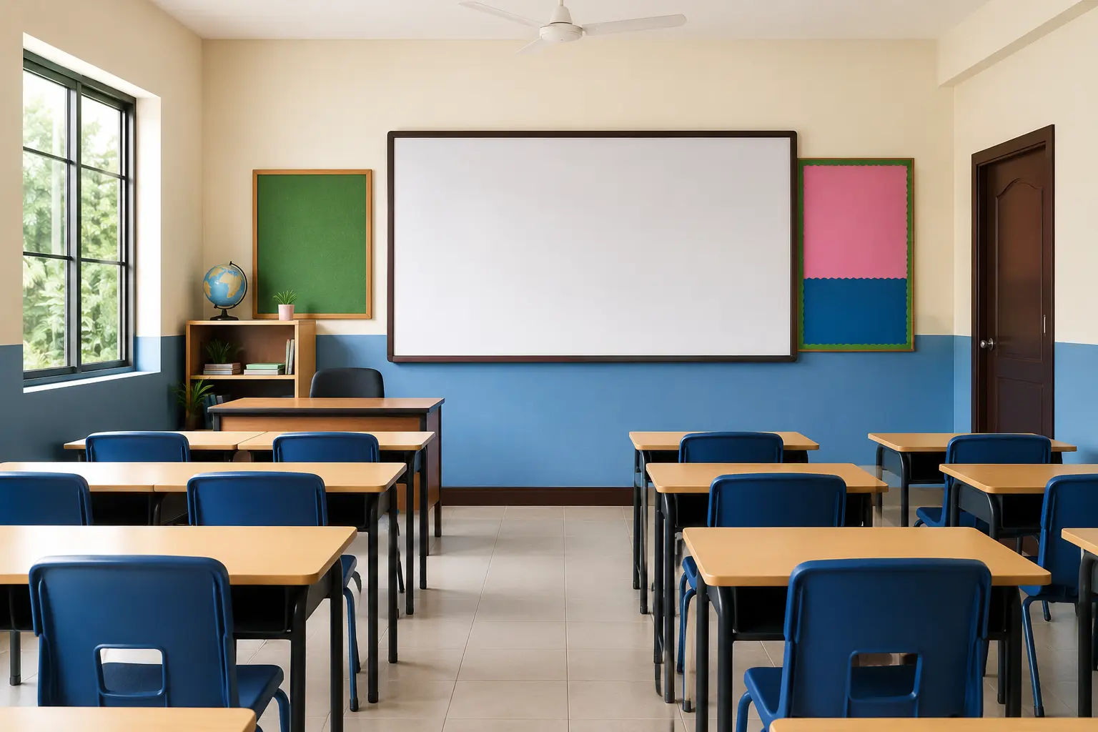 An empty classroom of a small private school in Pakistan with a blackboard, representing the educational crisis.