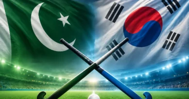 Pakistan and South Korea hockey players competing on the field in Islamabad stadium