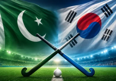 Pakistan and South Korea hockey players competing on the field in Islamabad stadium