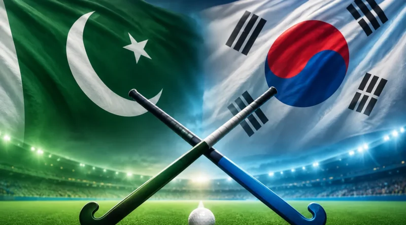 Pakistan and South Korea hockey players competing on the field in Islamabad stadium