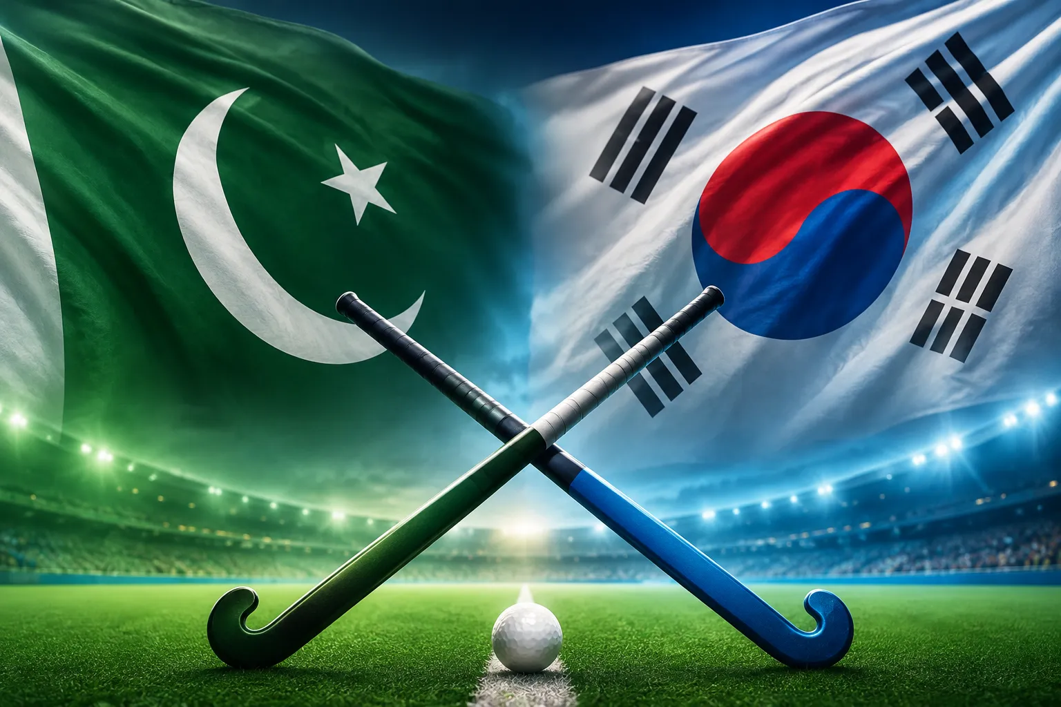 Pakistan and South Korea hockey players competing on the field in Islamabad stadium