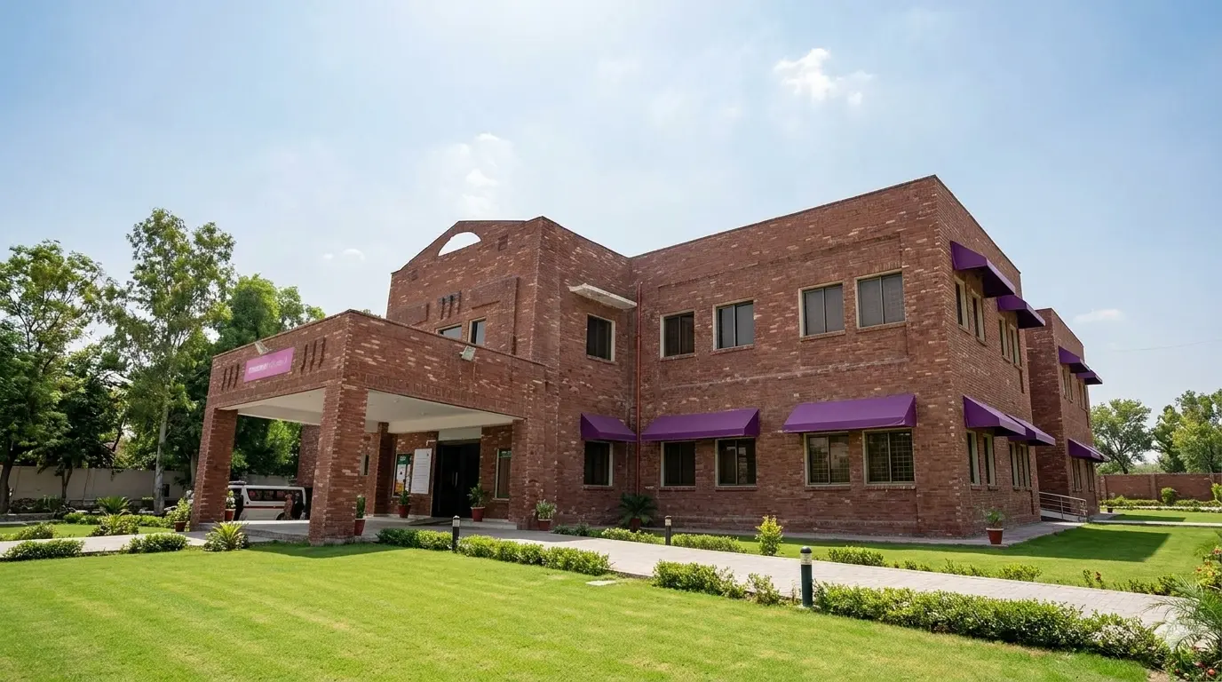 Front view of a newly constructed red brick THQ hospital building in Lahore with green lawns under a clear sky.