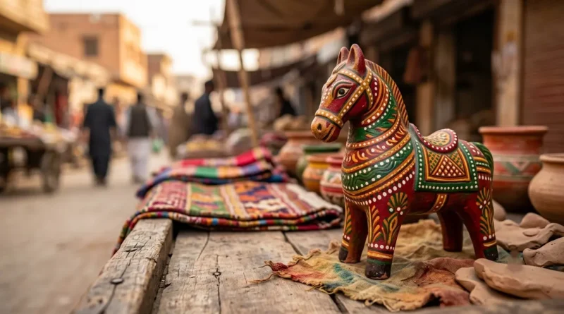پنجاب کا روایتی مٹی کا کھلونا گھگو گھوڑا جو ایک پرانے بازار میں لکڑی کے تختے پر رکھا ہے