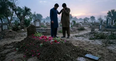 A symbolic conceptual image of a graveyard with a blank tombstone, a broken smartphone, a small medicine bottle, and scattered flowers, representing a tragic story.