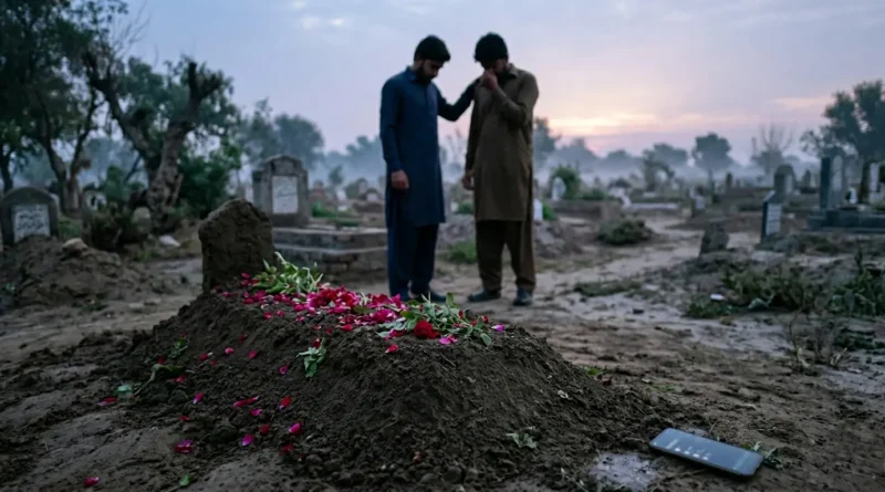 A symbolic conceptual image of a graveyard with a blank tombstone, a broken smartphone, a small medicine bottle, and scattered flowers, representing a tragic story.