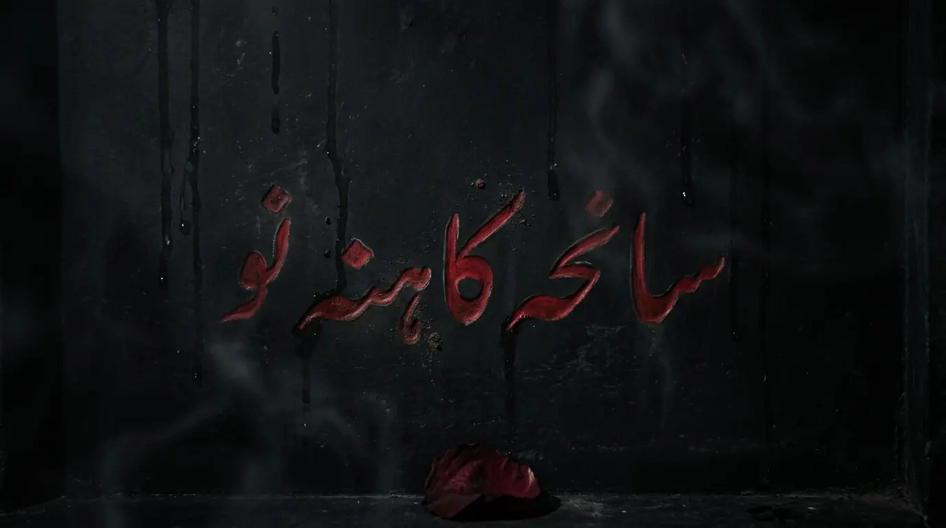 تاریک اور سوگوار پس منظر پر سرخ حروف میں لکھا ہوا سانحہ کاہنہ نو جس پر خون کے قطرے اور نیچے ایک مرجھایا ہوا گلاب موجود ہے