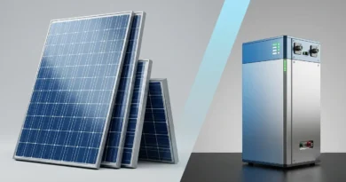 Multiple solar panels stacked on the left and a modern lithium battery pack on the right over a split clean background.