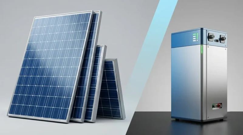 Multiple solar panels stacked on the left and a modern lithium battery pack on the right over a split clean background.