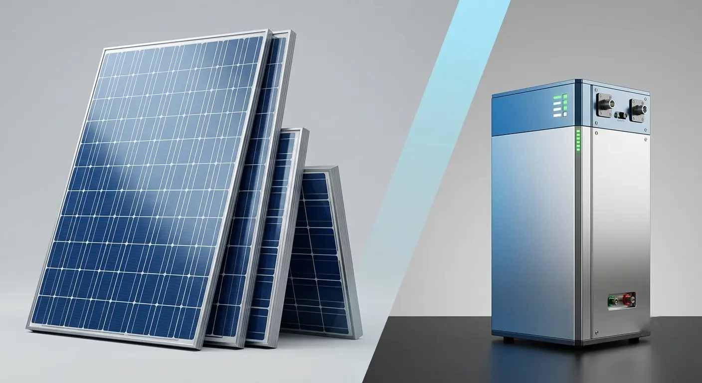 Multiple solar panels stacked on the left and a modern lithium battery pack on the right over a split clean background.