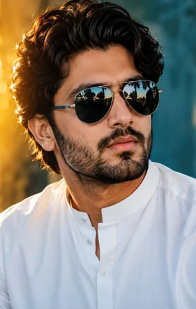 ایک باوقار پاکستانی مرد سفید شلوار قمیض اور کالے رنگ کا سن گلاسز (دھوپ کا چشمہ) پہنے ہوئے، جو گرمیوں میں آنکھوں کی حفاظت اور فیشن کو ظاہر کرتا ہے۔
