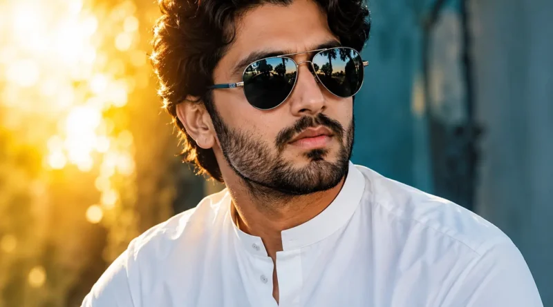 ایک باوقار پاکستانی مرد سفید شلوار قمیض اور کالے رنگ کا سن گلاسز (دھوپ کا چشمہ) پہنے ہوئے، جو گرمیوں میں آنکھوں کی حفاظت اور فیشن کو ظاہر کرتا ہے۔
