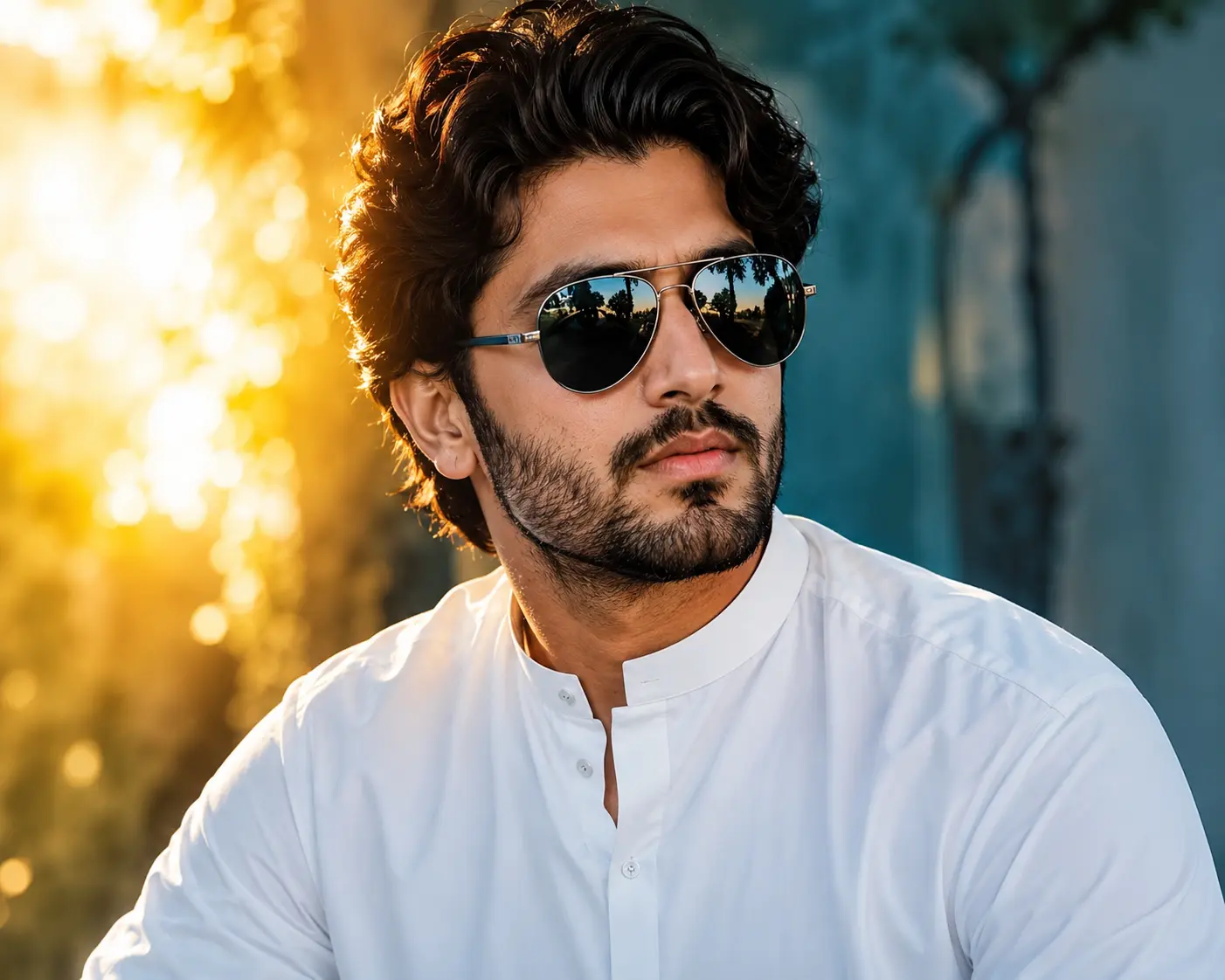 ایک باوقار پاکستانی مرد سفید شلوار قمیض اور کالے رنگ کا سن گلاسز (دھوپ کا چشمہ) پہنے ہوئے، جو گرمیوں میں آنکھوں کی حفاظت اور فیشن کو ظاہر کرتا ہے۔