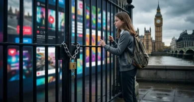 A teenager holding a smartphone with banned or locked social media icons representing the UK social media ban for under 16.