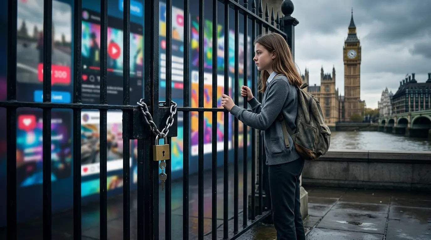 A teenager holding a smartphone with banned or locked social media icons representing the UK social media ban for under 16.