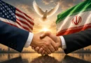 Historic peace treaty handshake between US and Iranian officials representing the peace agreement