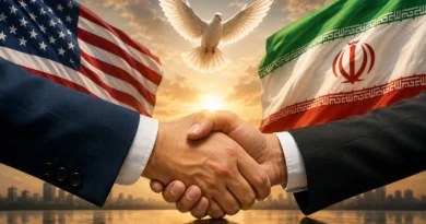 Historic peace treaty handshake between US and Iranian officials representing the peace agreement