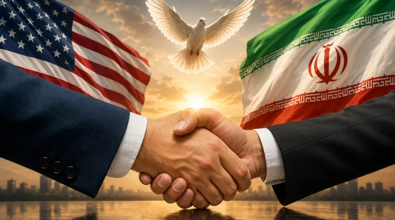 Historic peace treaty handshake between US and Iranian officials representing the peace agreement