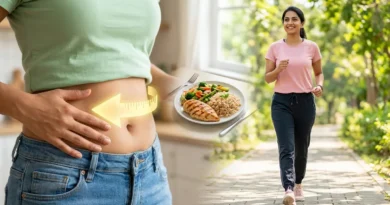 A split-screen image showing a healthy meal, a woman walking in a park, and a person measuring a slim stomach to represent losing belly fat.