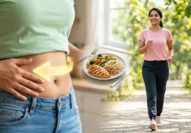 A split-screen image showing a healthy meal, a woman walking in a park, and a person measuring a slim stomach to represent losing belly fat.