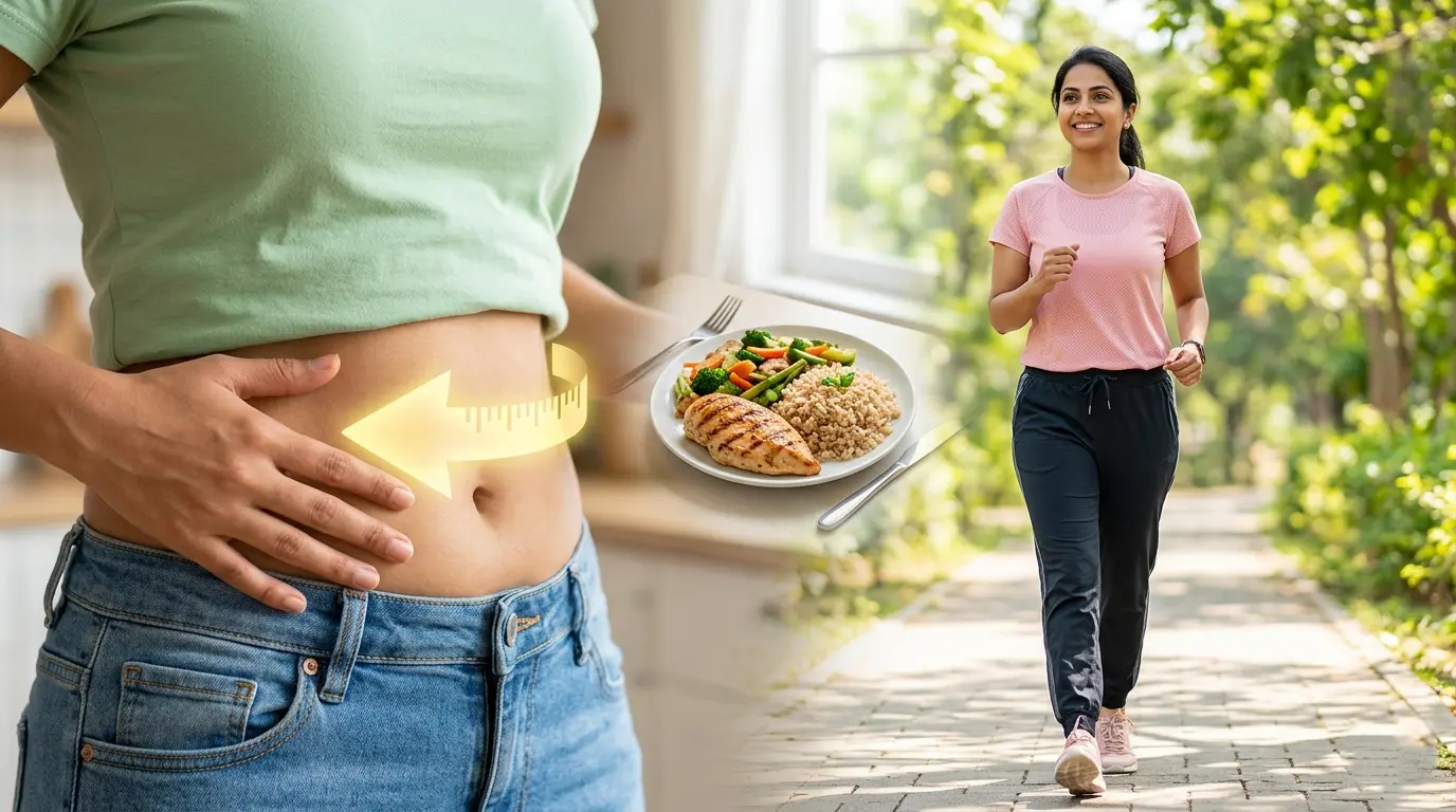 A split-screen image showing a healthy meal, a woman walking in a park, and a person measuring a slim stomach to represent losing belly fat.