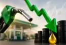 Visual comparison showing crude oil droplets with gears and a falling graph on the left, and a detailed petrol pump with a car being refueled in Pakistan on the right.