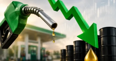 Visual comparison showing crude oil droplets with gears and a falling graph on the left, and a detailed petrol pump with a car being refueled in Pakistan on the right.