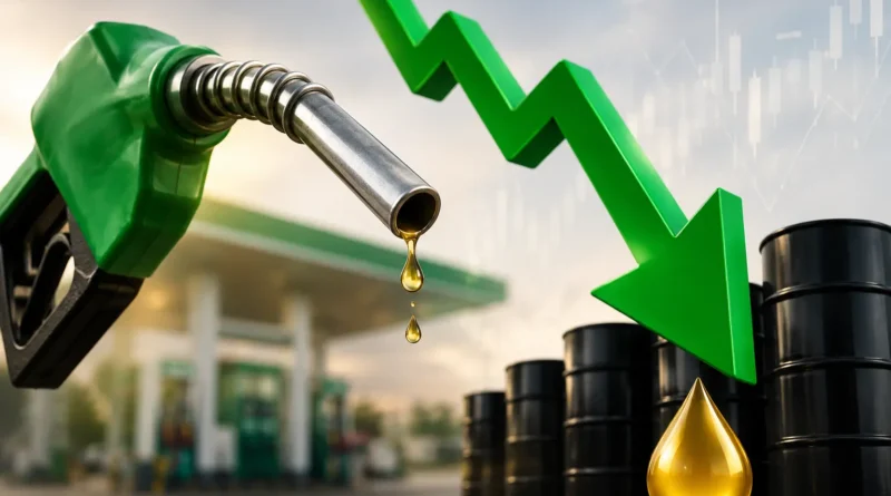 Visual comparison showing crude oil droplets with gears and a falling graph on the left, and a detailed petrol pump with a car being refueled in Pakistan on the right.