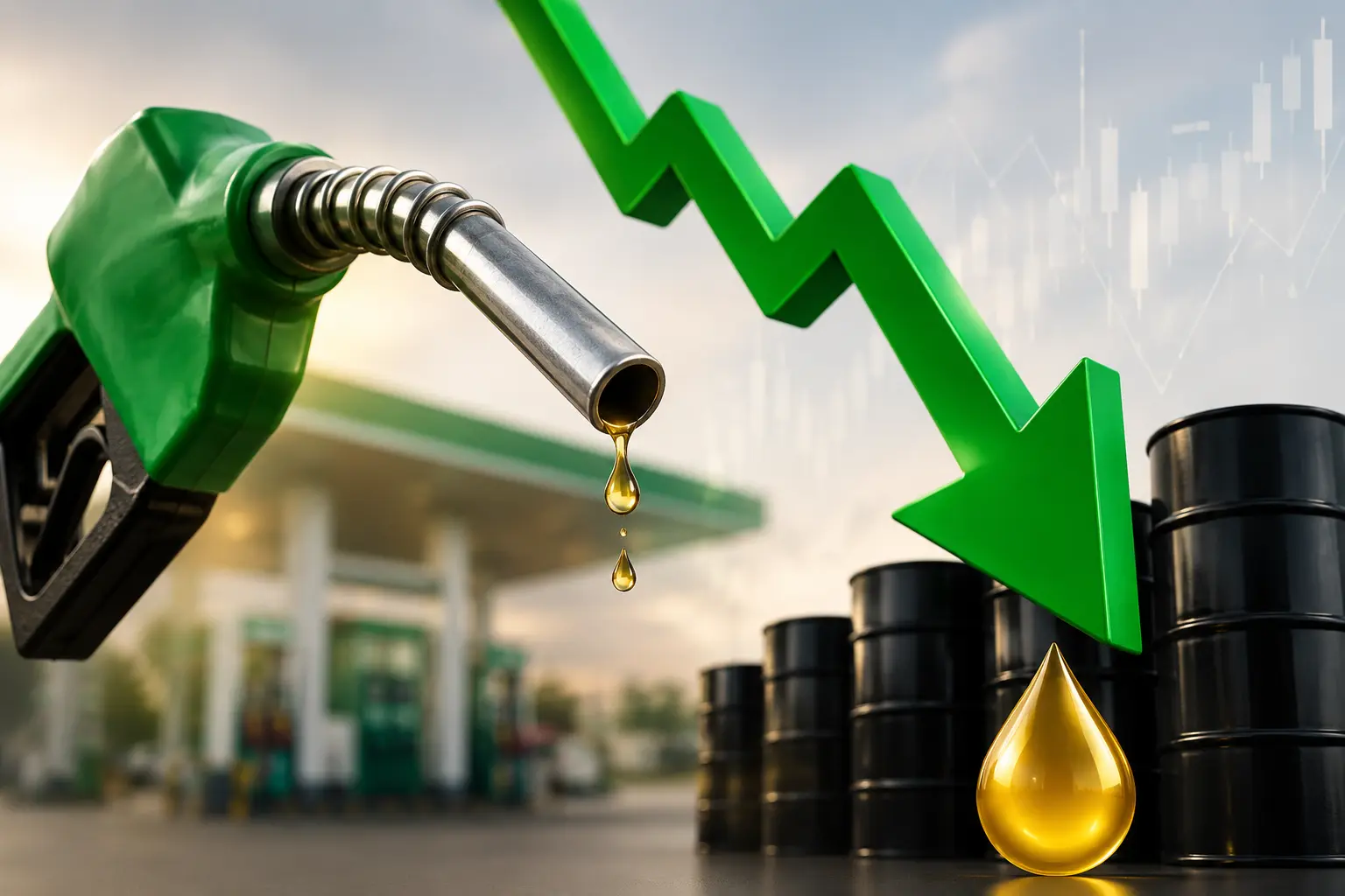 Visual comparison showing crude oil droplets with gears and a falling graph on the left, and a detailed petrol pump with a car being refueled in Pakistan on the right.