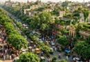 A crowded Lahore city area filled with roads, buildings, people, and abundant trees showing a balance between urban development and greenery.
