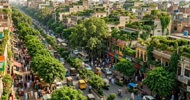 A crowded Lahore city area filled with roads, buildings, people, and abundant trees showing a balance between urban development and greenery.