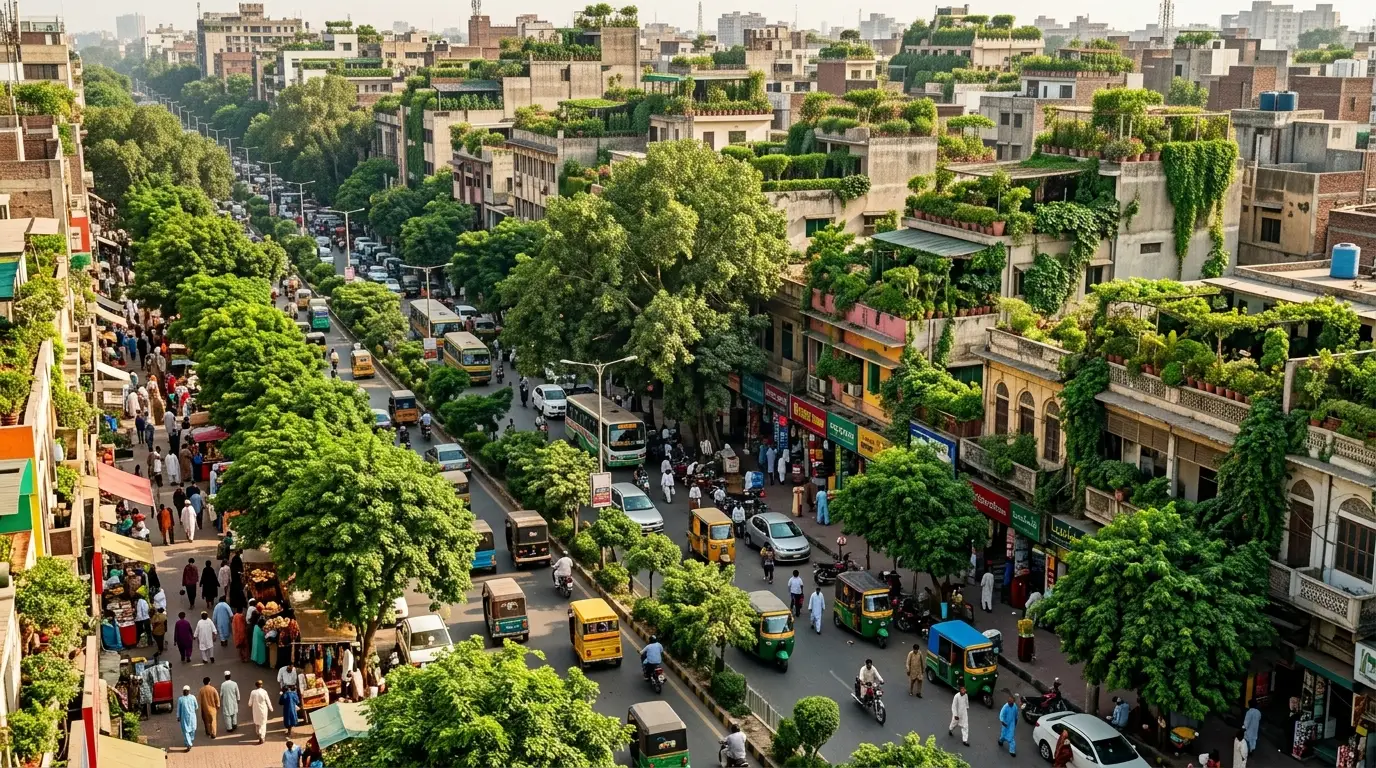 A crowded Lahore city area filled with roads, buildings, people, and abundant trees showing a balance between urban development and greenery.