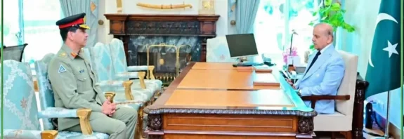 Prime Minister Shehbaz Sharif meeting newly appointed Commander National Strategic Command Four-Star General Aamer Raza in Prime Minister Office Islamabad