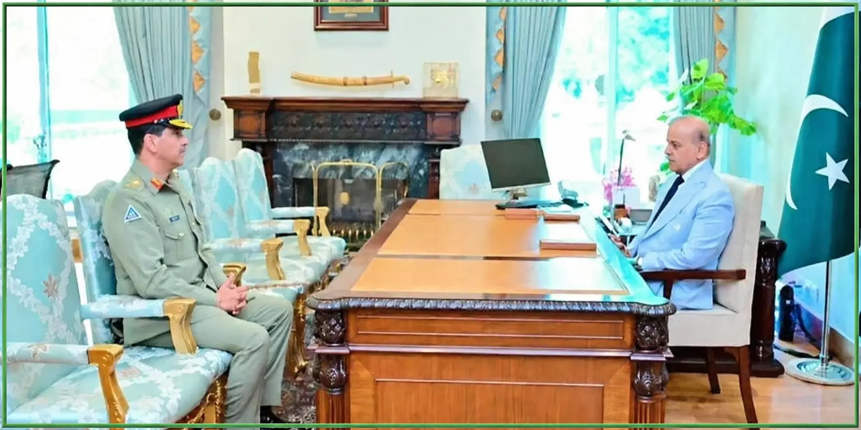 Prime Minister Shehbaz Sharif meeting newly appointed Commander National Strategic Command Four-Star General Aamer Raza in Prime Minister Office Islamabad