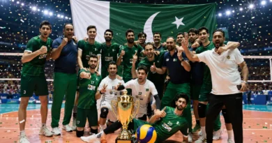 Pakistan national volleyball team celebrating after winning the Central Asian Volleyball Championship 2026 with the trophy and Pakistani flag.