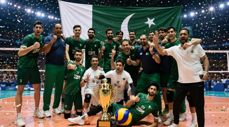 Pakistan national volleyball team celebrating after winning the Central Asian Volleyball Championship 2026 with the trophy and Pakistani flag.